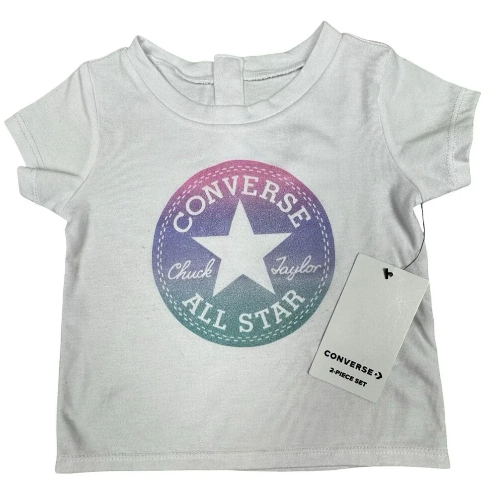 Converse 18 Month 2-Piece Set Girls White Tee & Purple Biker Short Youth New